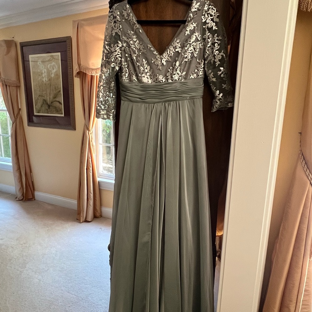 Adrianna Papell Gray Sequin Gown with 3/4 Sleeves